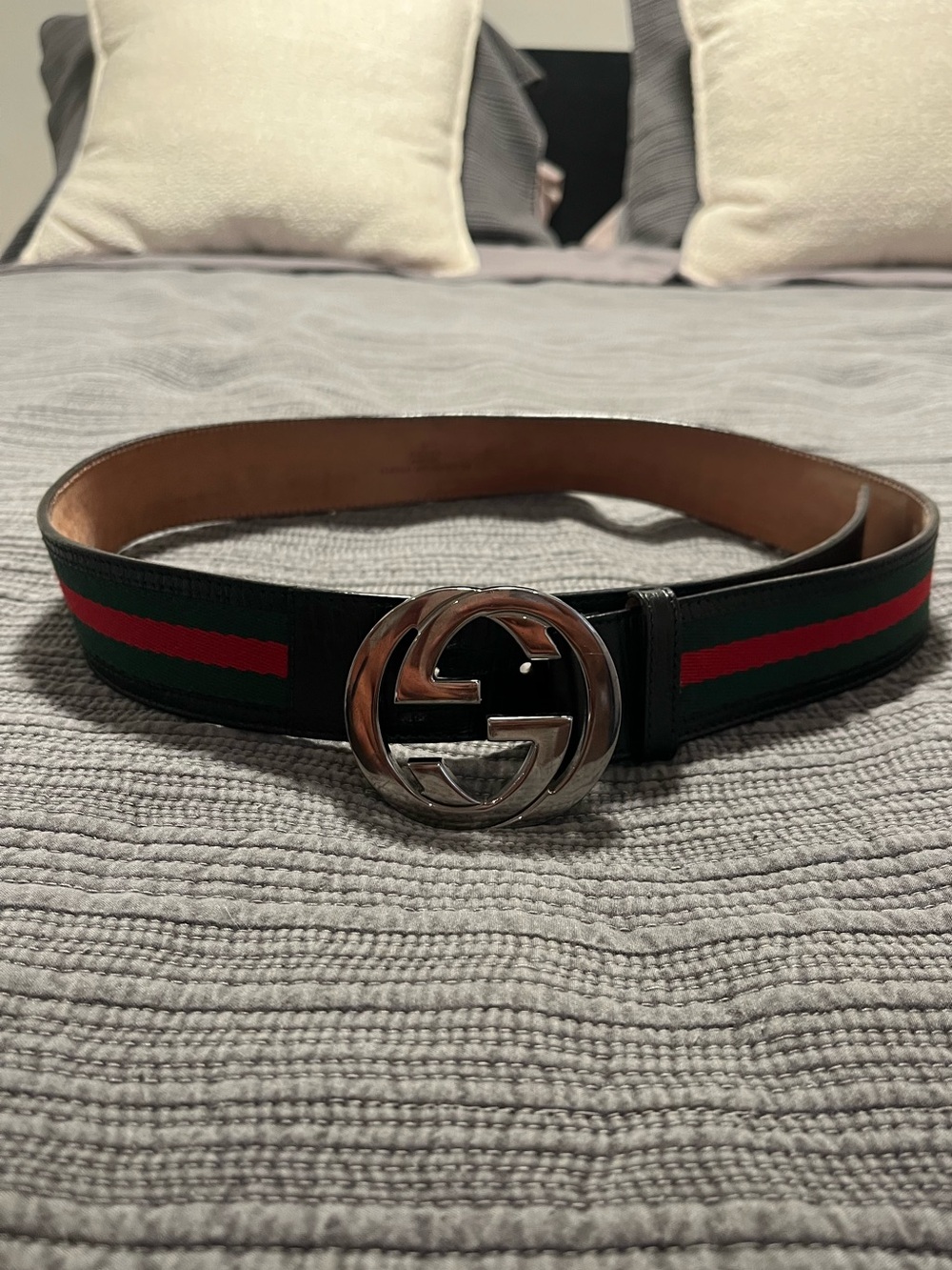 Gucci Green and Red Stripe Leather Belt with Silver Double G Buckle